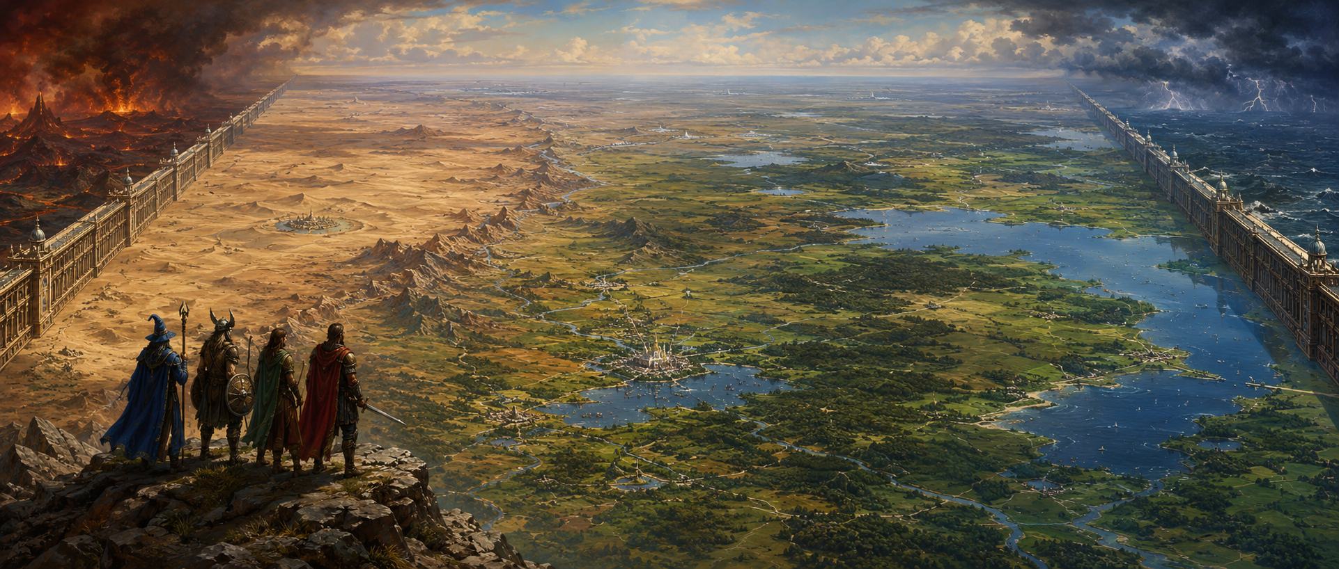 Four adventurers on a high crag survey the Endless Manse: green heartlands and seas stretching between the fiery Hearthwall and the storm-wracked Weepingwall