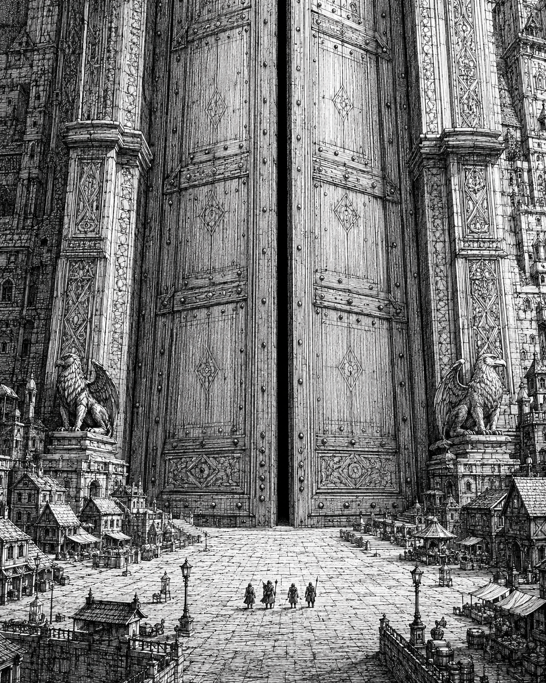 The Folly Gates: two colossal iron-studded timber doors standing ajar, a tall wedge of darkness between them, flanked by the Griffons, stone gate-beasts on plinths, with market stalls and lamp posts in the square below