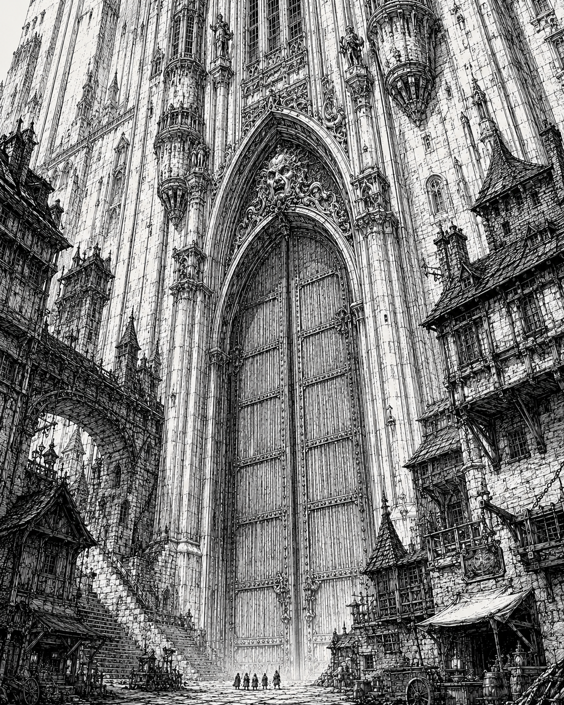 The Wicket: a cathedral-sized arched door in the base of the Folly, the sculpted face of the Porter set above its arch, with streets and rooftops crowded against the threshold