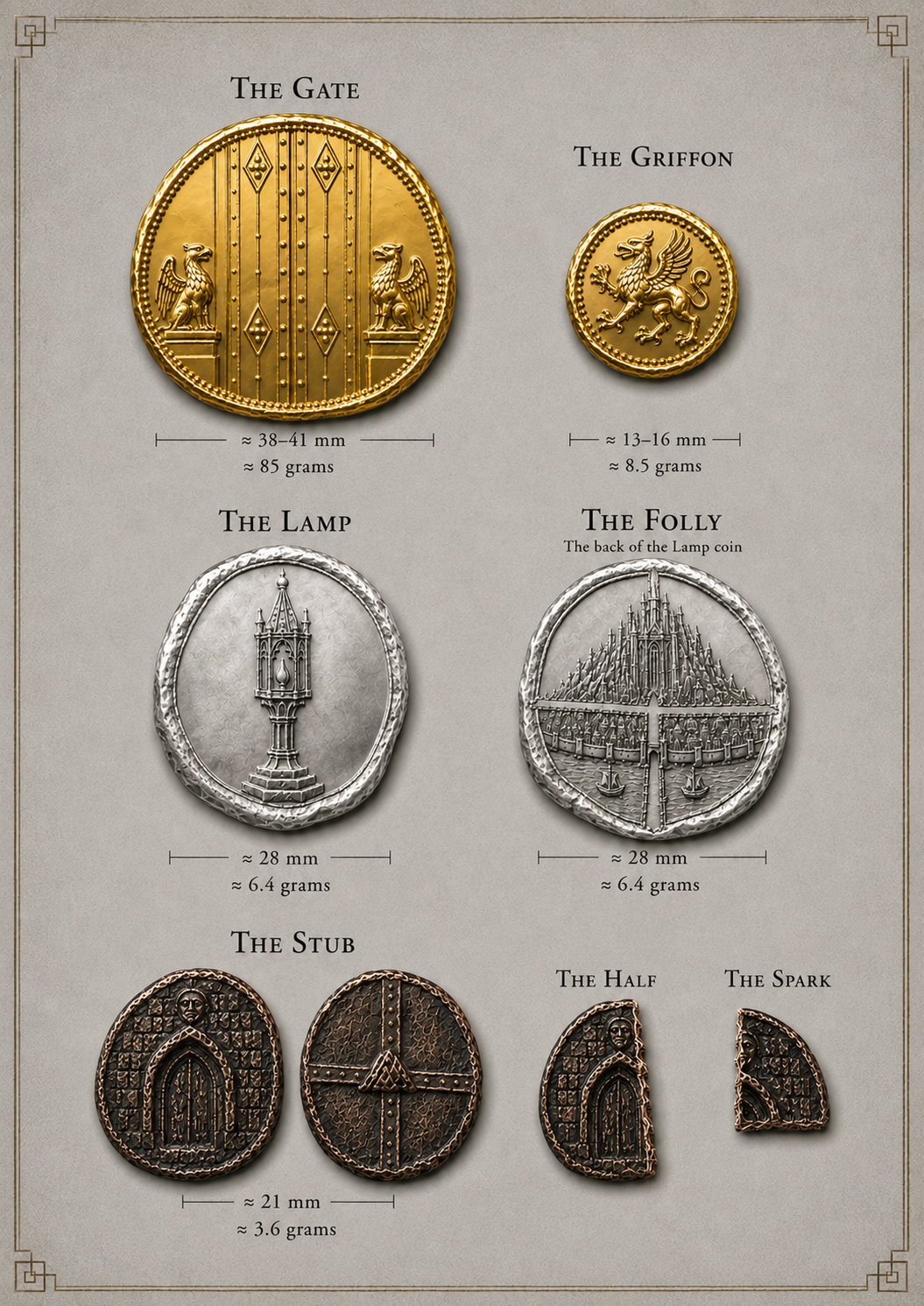 The coins of Folly: the broad gold gate showing the Folly Gates flanked by the Griffons, the small gold griffon, the silver lamp with its Gothic road lamp and its reverse showing the Folly above the city, and the blackened copper stub showing the Wicket and the Porter with its four-road reverse, beside a cut half and a quarter spark