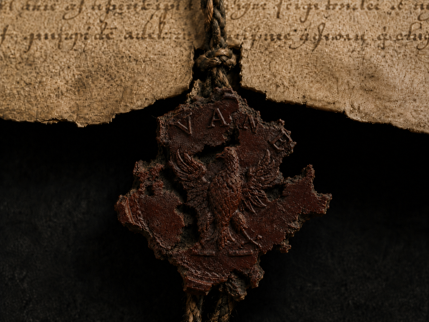 A pendent seal of dark, age-browned wax hanging from a plaited cord beneath an ancient parchment: the letters VANE stand in relief across the top of the impression, the wax broken away on either side of them, and at the center a bird with raised wings stands on a perch